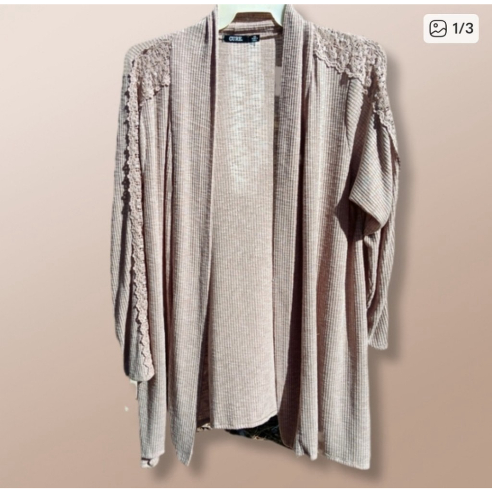 Cure Cardigan Sweater Lace Down Arms Tan Size 2XL